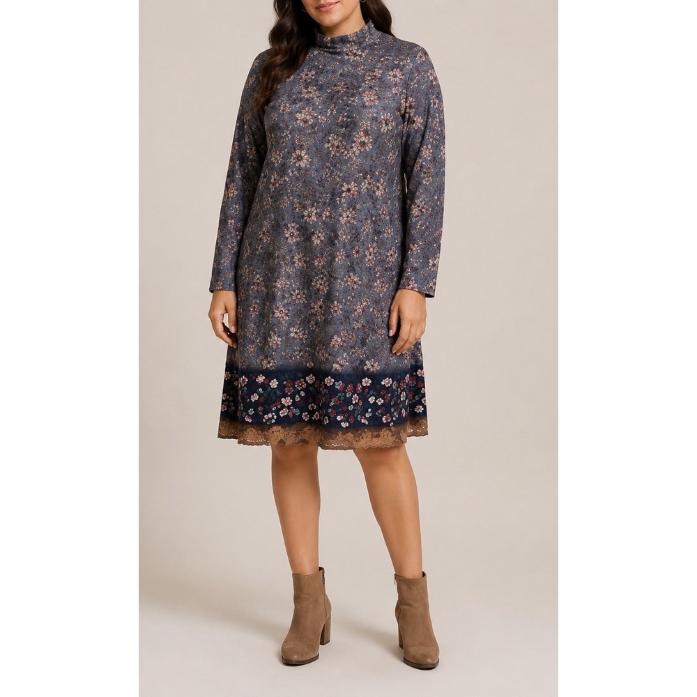 Exclusive Womens Floral Long Sleeve Mock Neck Dress XL Blue Boho Lagenlook Fall